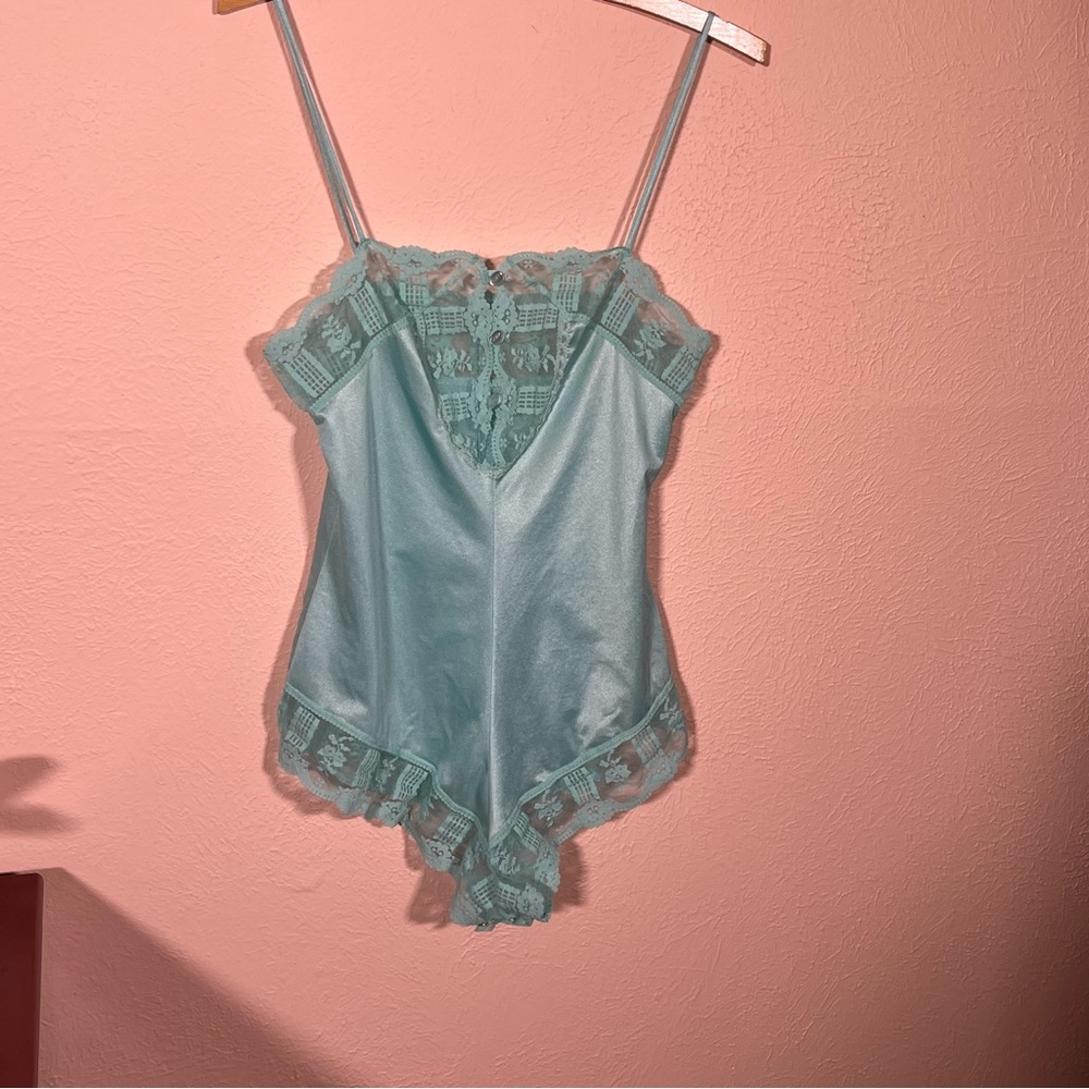 Vintage 40 50 Formfit Retro Blue Satin Lace Teddy Lingerie Romper fairycore Slip - Picture 12 of 17